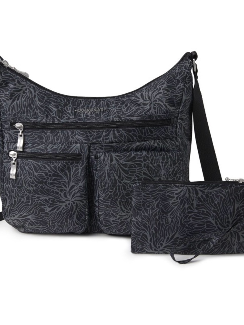 Baggallini Black Floral-Pattern Crossbody with Matching Wristlet